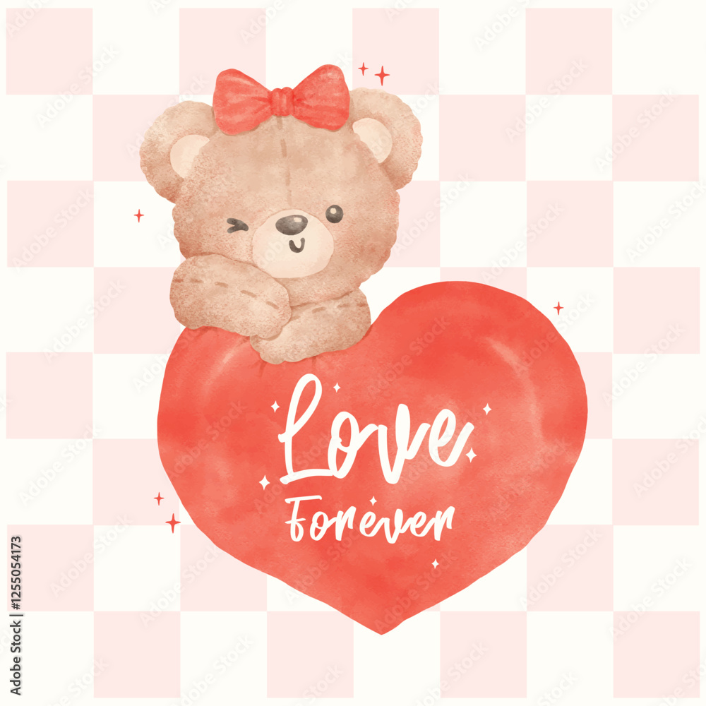 Obraz premium Whimsical Valentine Coquette Teddy Bear with Red Heart in Watercolor Hand Painted
