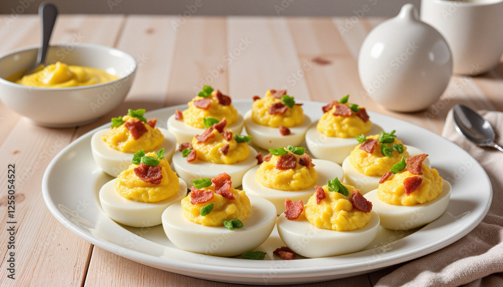 Deviled eggs topped with crispy bacon and chives on a white platter, elegant appetizer Deviled eggs topped with crispy bacon and chives on a white platter, elegant appetizer
