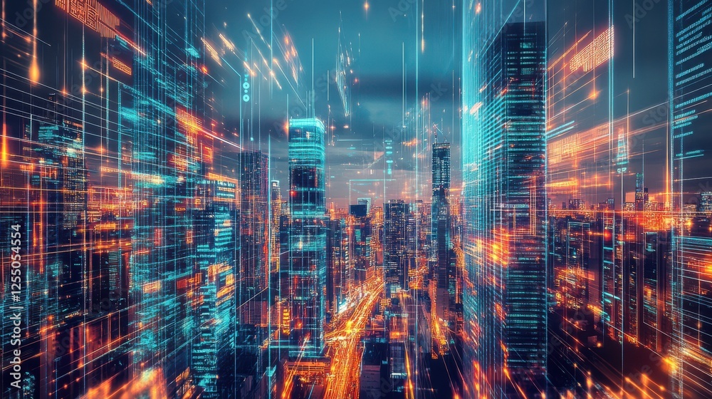 Fototapeta premium An impressive view of a modern city skyline featuring advanced urban development, with towering skyscrapers adorned with holographic displays that provide real-time information to citizens.