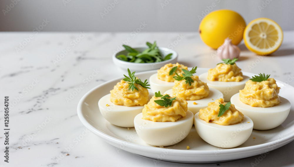 Delicious deviled eggs with lemon zest and herbs on a modern platter, perfect for gatherings Delicious deviled eggs with lemon zest and herbs on a modern platter, perfect for gatherings