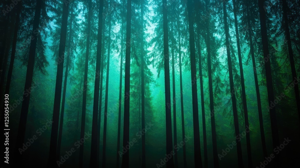 Obraz premium Glow forest concept. Mysterious forest with tall trees shrouded in a misty atmosphere, inviting exploration.