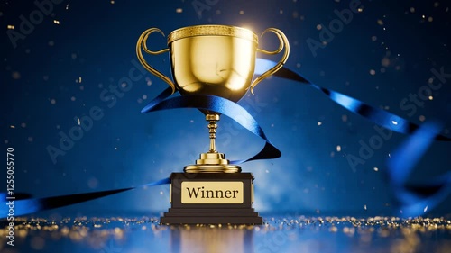 Success in business. Winner's gold cup. Congratulations on your victory. First place prize. Trophy with the inscription 