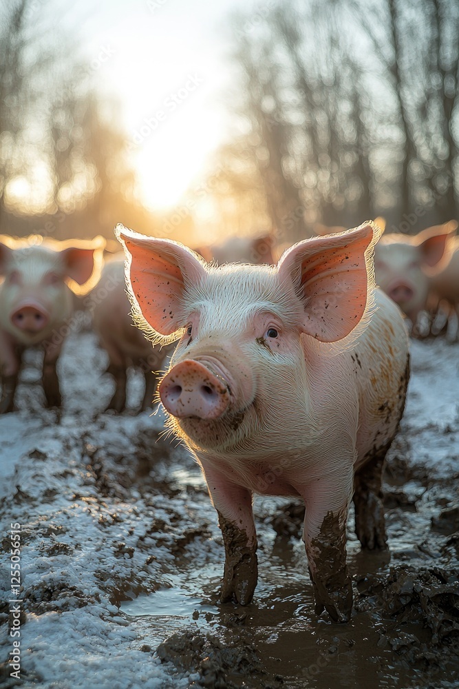 A Pink Piglet Stands in Mud During Sunset A Pink Piglet Stands in Mud During Sunset