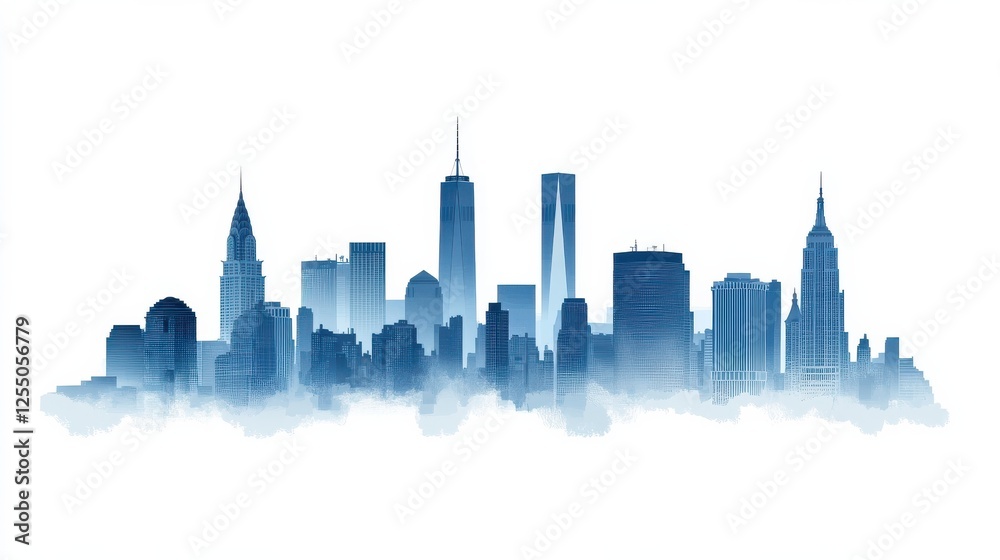 Fototapeta premium Minimalist New York city skyline silhouette in blue and white, featuring iconic landmarks for commercial use.