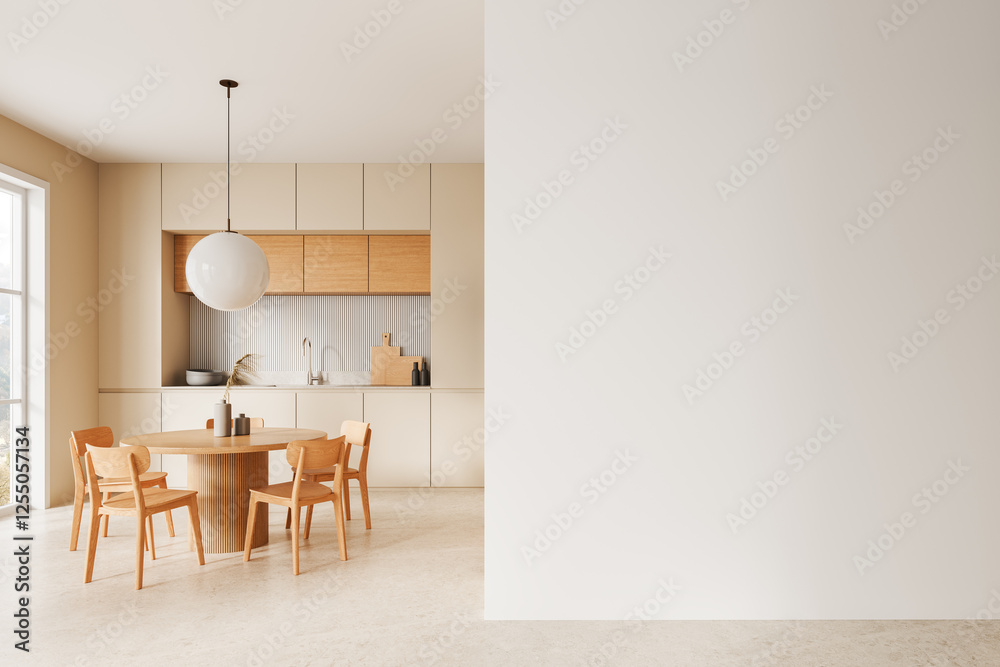 Fototapeta premium Minimalist kitchen and dining area with blank wall for design display. 3D Rendering
