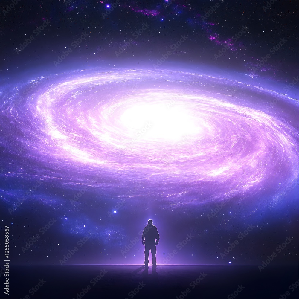 Naklejka premium Silhouette of a Lone Astronaut Gazing at a Majestic Purple Galaxy in the Deep Universe Space