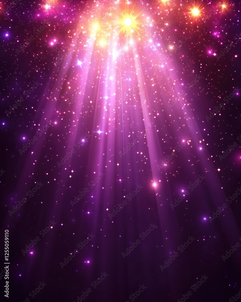 Fototapeta premium Radiant Light Bursts Through a Purple Cosmic Sky Filled with Sparkling Stars and Shimmering Dust