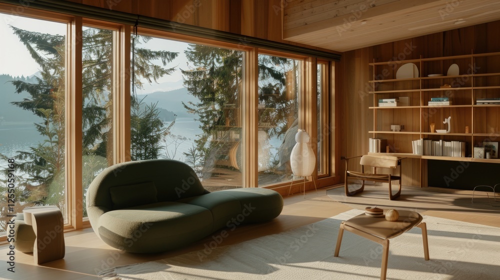 Fototapeta premium Lakeview Cabin Living Room: Modern Design Meets Serene Nature