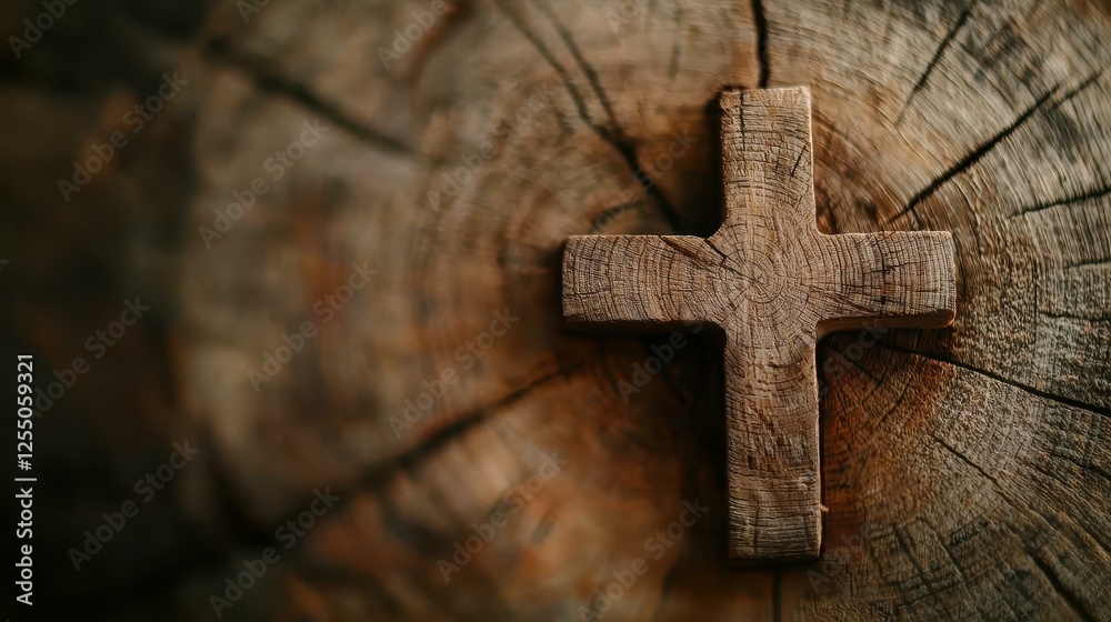Wooden cross on textured tree stump background. Wooden cross on textured tree stump background.