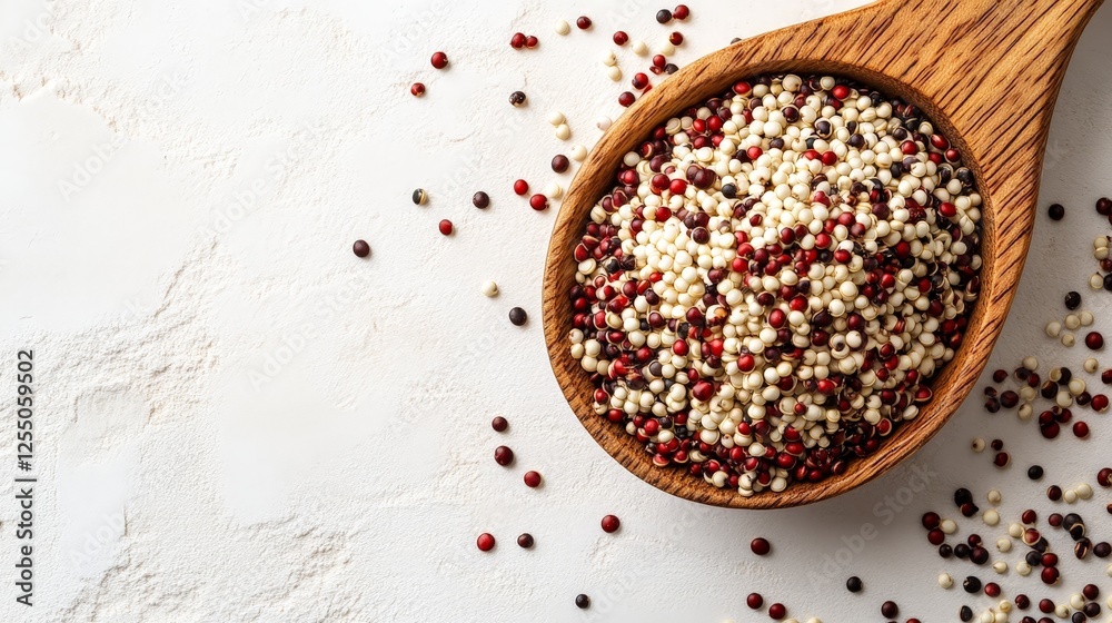 A wooden spoon filled with a variety of colorful quinoa grains on a light background. A wooden spoon filled with a variety of colorful quinoa grains on a light background.