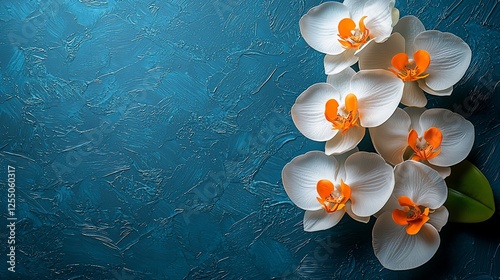 White orchids on textured teal background photo