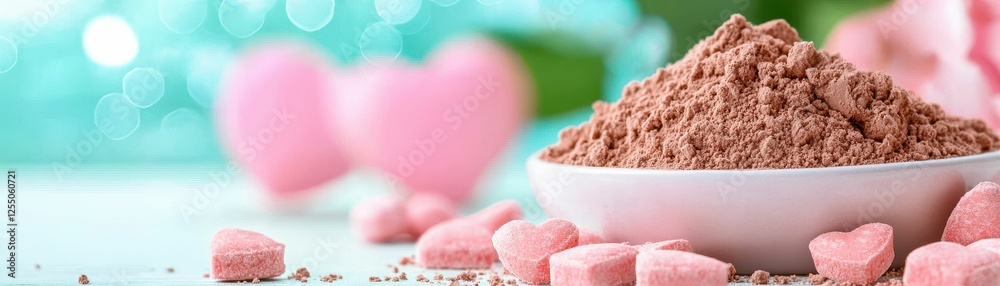 Sweet chocolate powder with pink heart candies. Sweet chocolate powder with pink heart candies.
