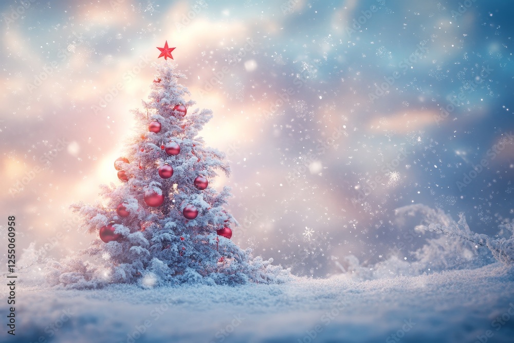 Magical winter wonderland a christmas tree adorned with red baubles in a snowy landscape Magical winter wonderland a christmas tree adorned with red baubles in a snowy landscape