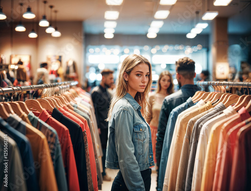Junge hübsche blonde Frau in einer Jeansjacke steht in einem Bekleidungsgeschäft zwischen Kleiderständern