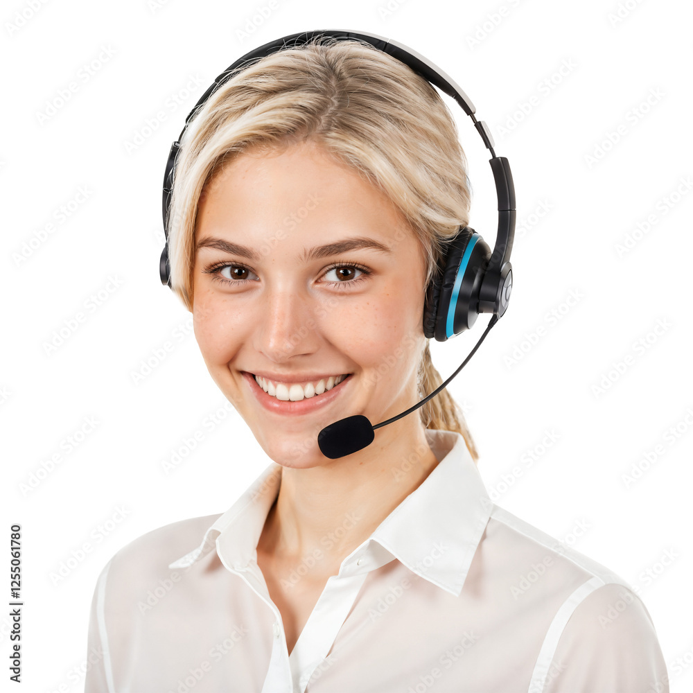 Call Center Agent mit Headset - freundlich lächelnde hübsche blonde junge Frau, isoliert / freigestellt - Callcenter Supporter, Hotline Call Center Agent mit Headset - freundlich lächelnde hübsche blonde junge Frau, isoliert / freigestellt - Callcenter Supporter, Hotline