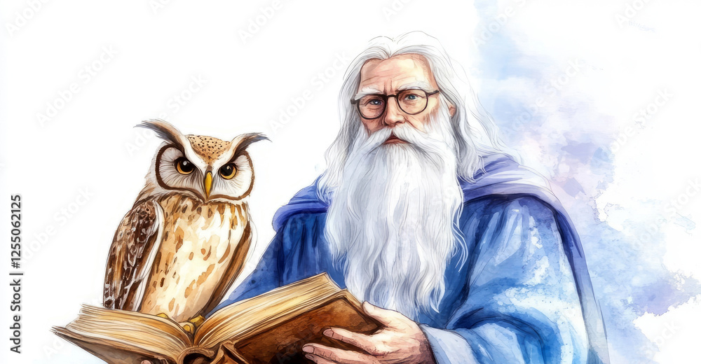 Watercolor hand-drawn fantasy wizard with a long white beard and glasses