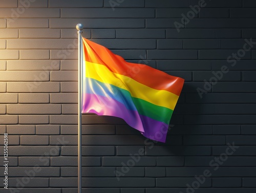 Vibrant rainbow flag against a brick wall. photo