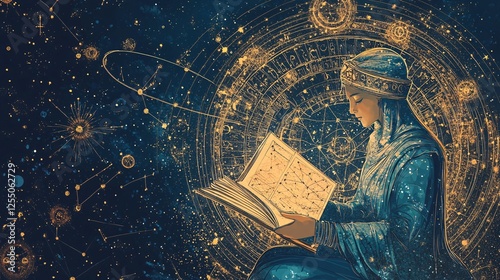 A depiction of an astrologer using an ancient Indian almanac to determine zodiac-based predictions
