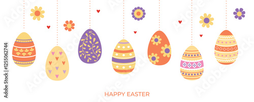 Colorful Easter eggs banner. Hanging decorative eggs. Egg's hunt. Doodles, icons. Festive egg's ornament. Spring holidays. Background, poster, flyer template with typography. Retro vintage. Vector.