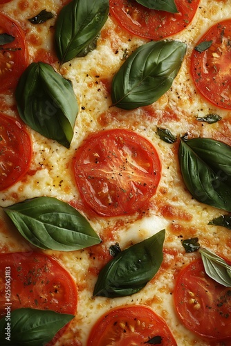 A macro shot of a freshly baked Margherita pizza with vibrant tomato sauce, melted mozzarella, and fresh basil leaves, creating a homely feel, with an area left for branding or text