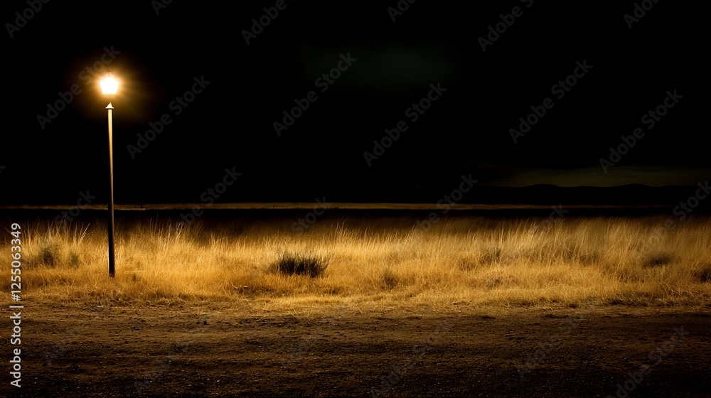 Solitary Lamp Post Shines on Golden Meadow During a Nighttime Scene Depicting Serenity and Isolation Solitary Lamp Post Shines on Golden Meadow During a Nighttime Scene Depicting Serenity and Isolation