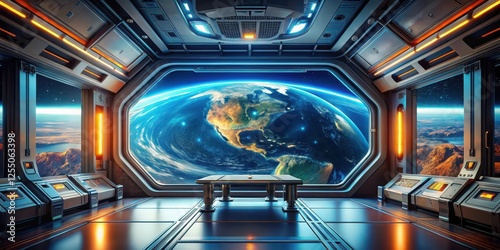 A futuristic spaceship observation room with a large viewport showcasing a breathtaking view of Earth from space, a small table in the center, and advanced technological consoles on either side. photo