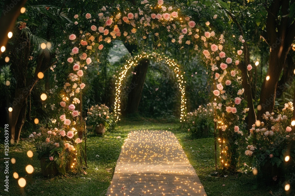 Fototapeta premium Romantic rose archway with fairy lights, leading to a garden path.