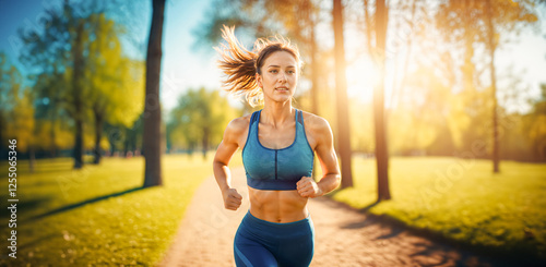 Eine hübsche junge brünette Frau in Sportbekleidung beim Sport im Park - Laufen / Jogging / Leichtathletik photo