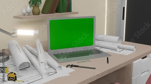 A contemporary office desk featuring a laptop with green screen, architectural blueprints, and a lamp, creating a professional and creative workspace.
