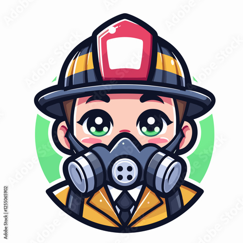 Cute firefighter wearing gas mask in uniform