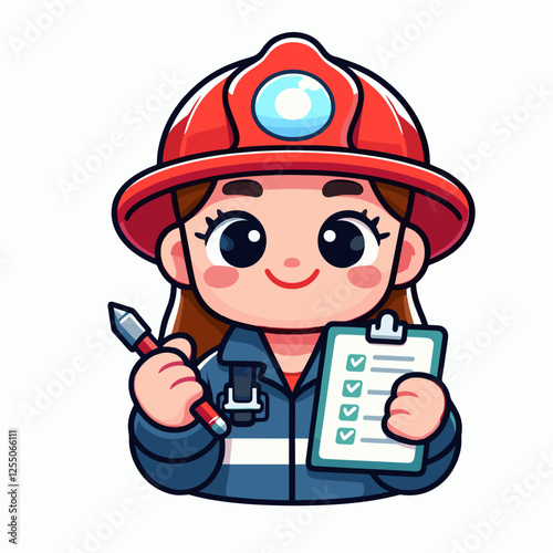 Cute female firefighter holding checklist and pen