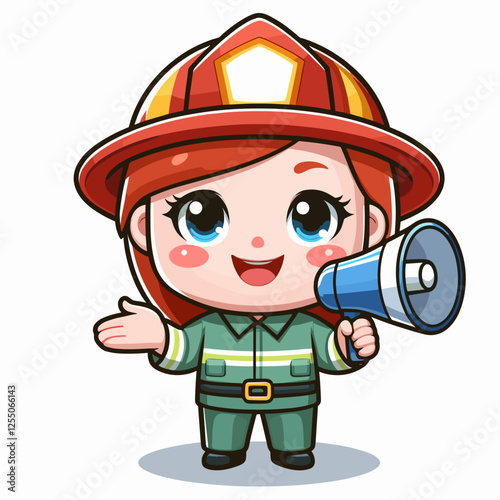 Cute female firefighter with megaphone giving instructions