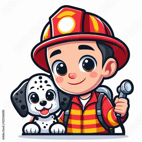 Cute firefighter with Dalmatian dog and hose