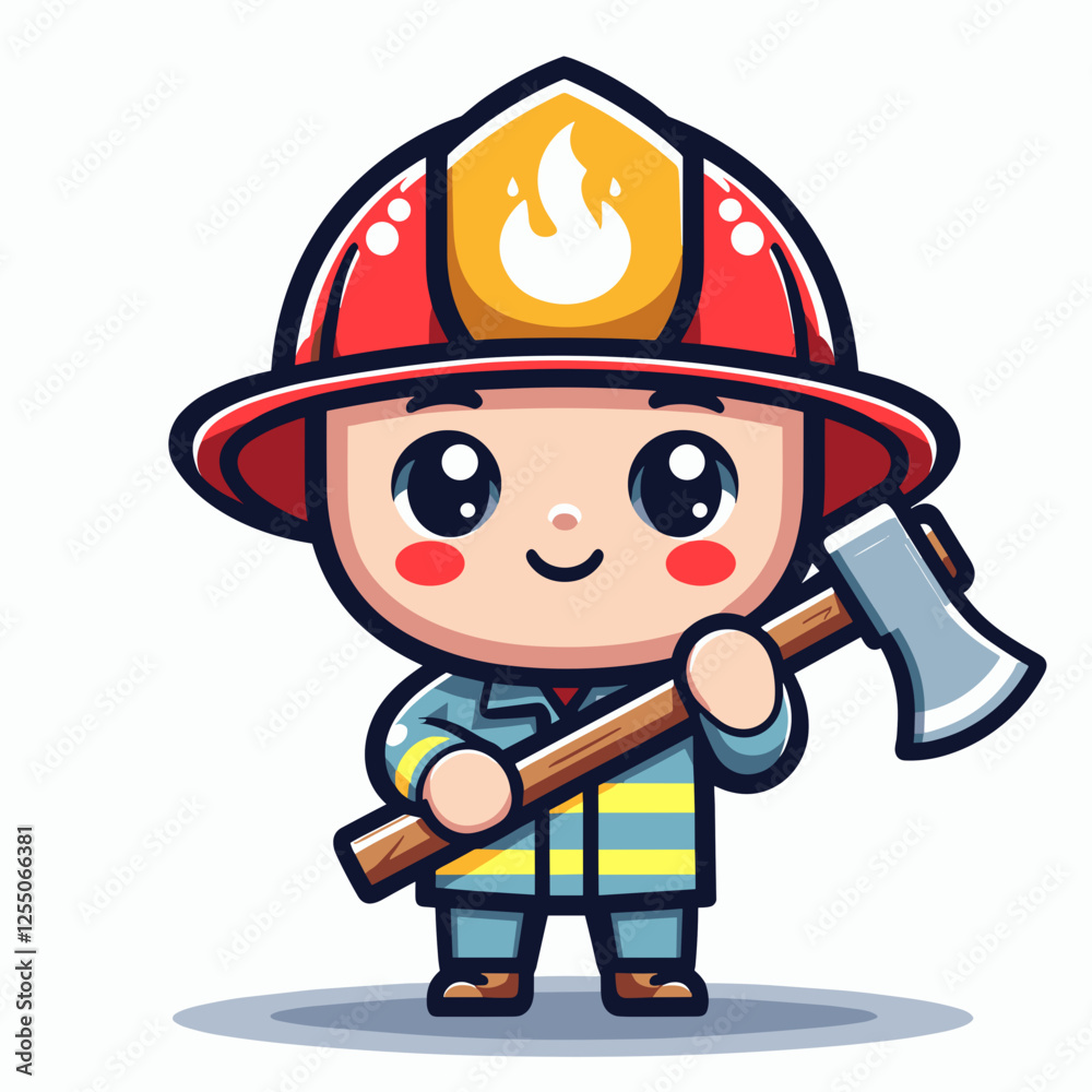 Cute firefighter in uniform holding an axe Cute firefighter in uniform holding an axe