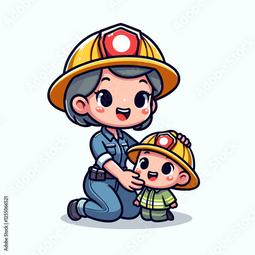 Cute female firefighter with a small child