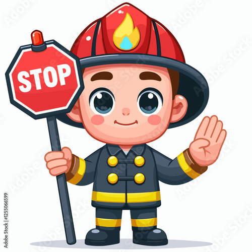 Cute firefighter holding a stop sign