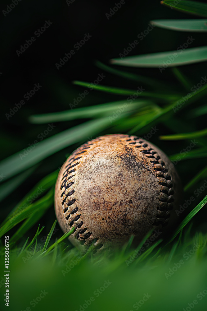 Explore the Essence of Baseball: A Close-Up of a Weathered Baseball Surrounded by Lush Green Grass, Capturing the Spirit of the Game in Every Stitch. Explore the Essence of Baseball: A Close-Up of a Weathered Baseball Surrounded by Lush Green Grass, Capturing the Spirit of the Game in Every Stitch.