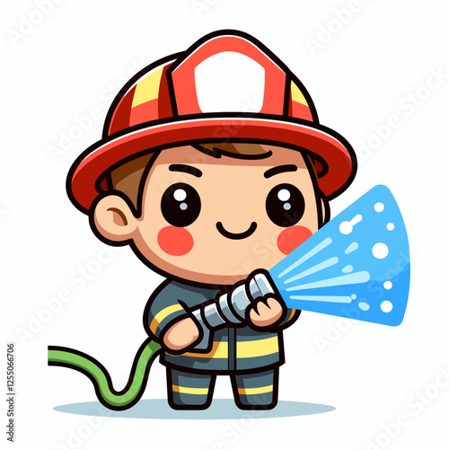 Cute firefighter spraying water from a fire hose