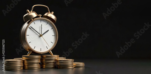 Banner with copy space on the right, stack of coins and clock hands on black background. Concept of the idea of time and money
