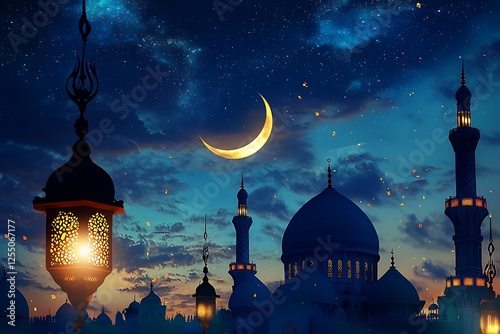 a silhouette of a mosque with glowing lanterns and crescent