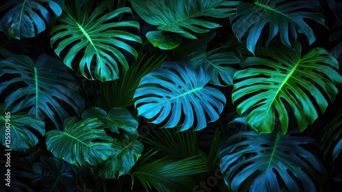 Glow forest idea. Vibrant green leaves create a lush tropical ambiance in this serene natural setting.