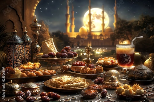 arranged iftar dishes on a table with mosque on a background