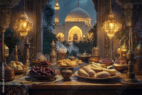arranged iftar dishes on a table with mosque on a background