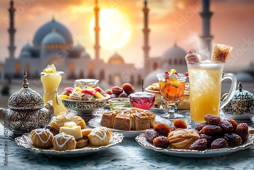 arranged iftar dishes on a table with mosque on a background
