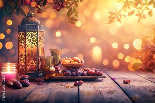 arranged iftar table with dates and blurry background