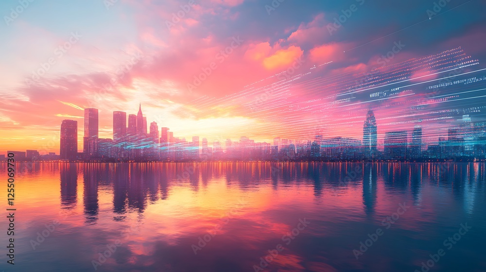 Sunset Cityscape with Data Streams: A Vibrant Digital Metropolis at Dusk Sunset Cityscape with Data Streams: A Vibrant Digital Metropolis at Dusk