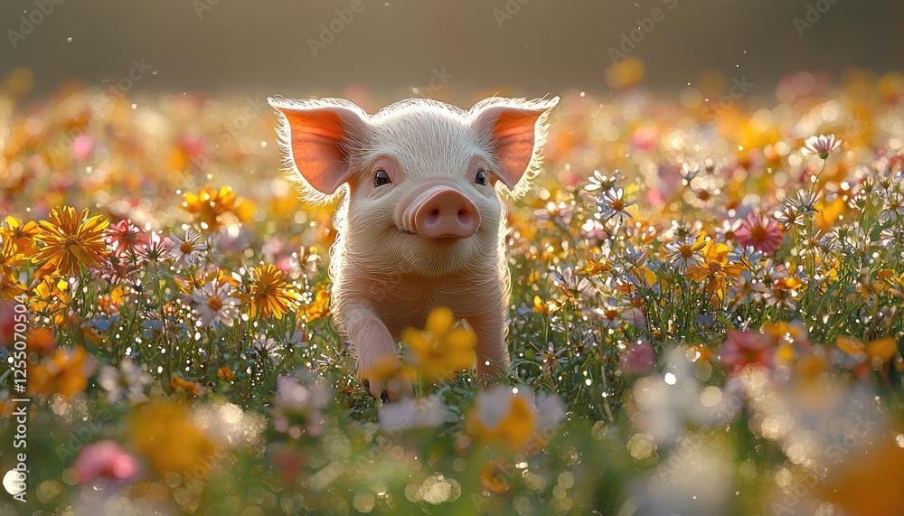 Naklejka premium Adorable Piglet Amidst a Field of Blossoming Flowers