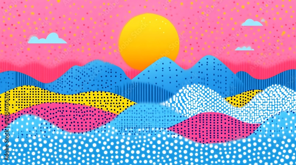 Fototapeta premium Abstract Colorful Sunset Over Patterned Mountains