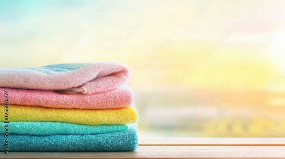 Stack of colorful towels on wooden surface