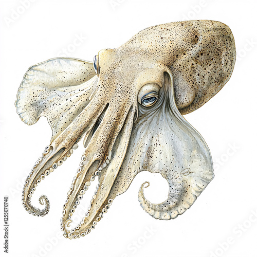 Detailed watercolor illustration of a graceful, speckled octopus with curling tentacles, set against a pristine white background. photo